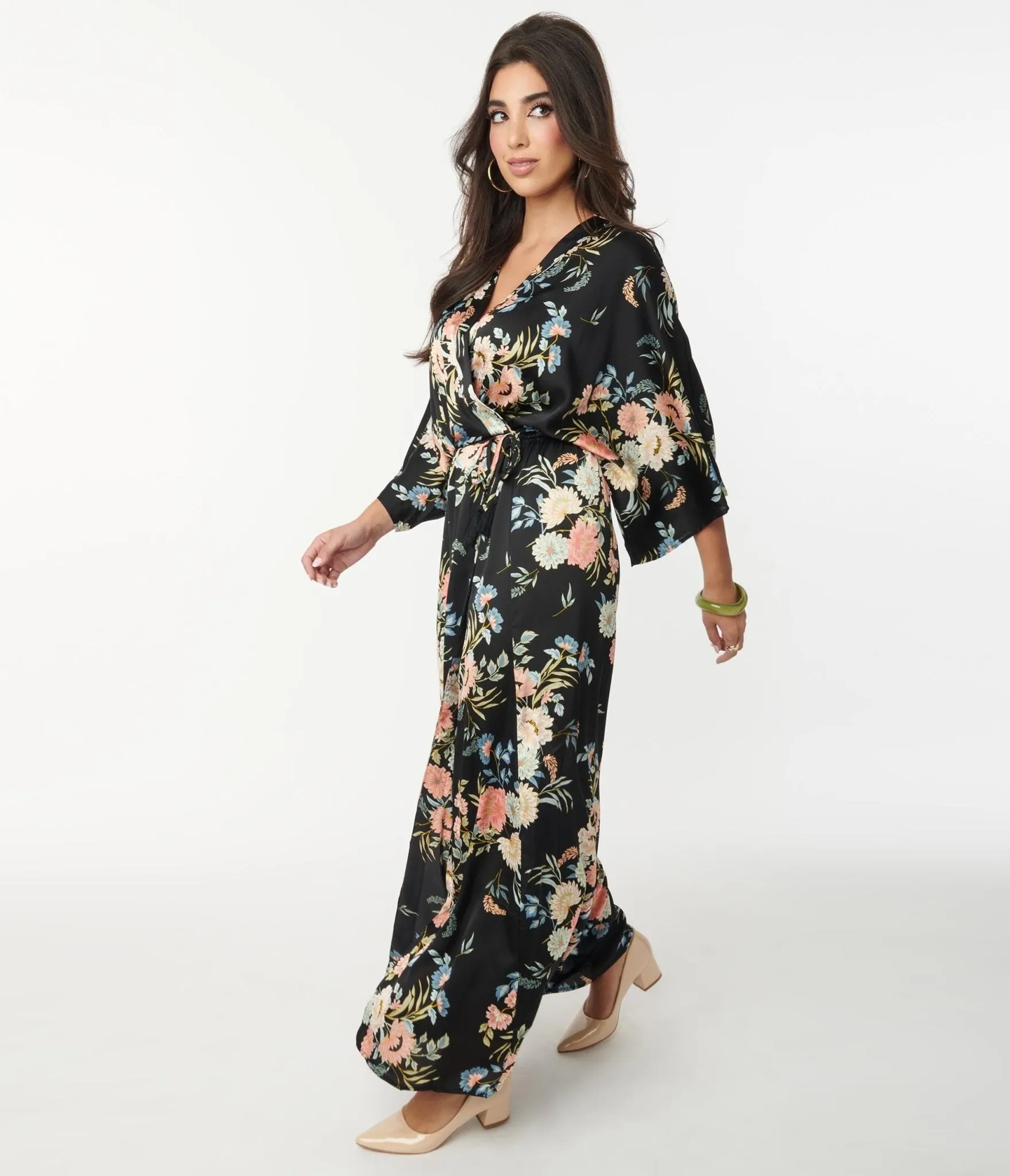 1970s Black & Blue Floral Maxi Wrap Dress