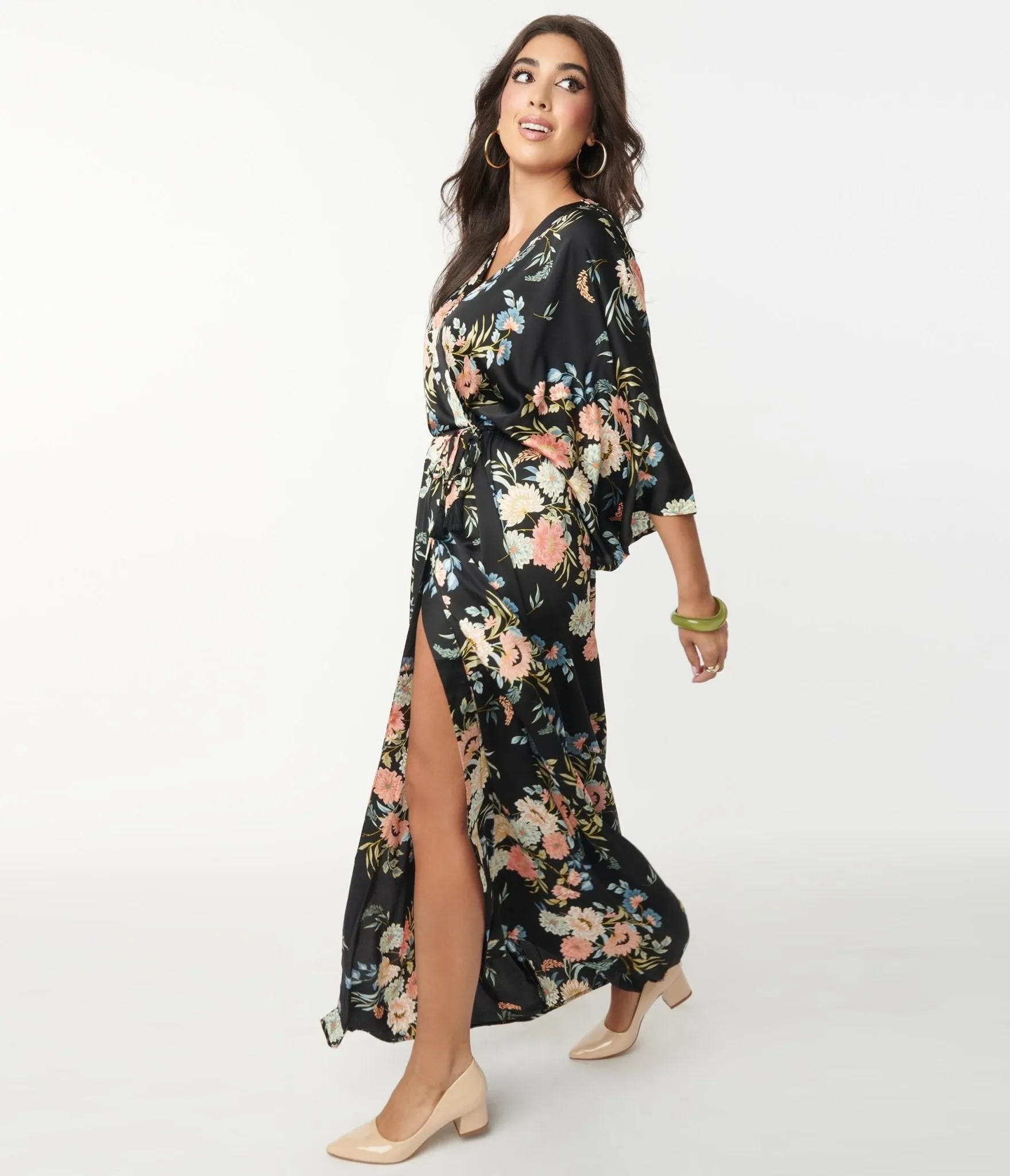 1970s Black & Blue Floral Maxi Wrap Dress