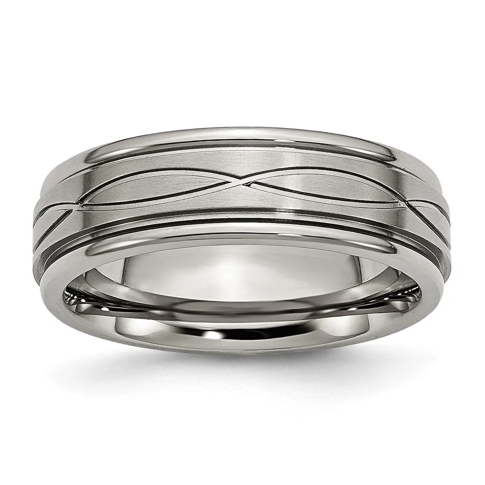 7mm Titanium Crisscross Design Grooved Edge Standard Fit Band