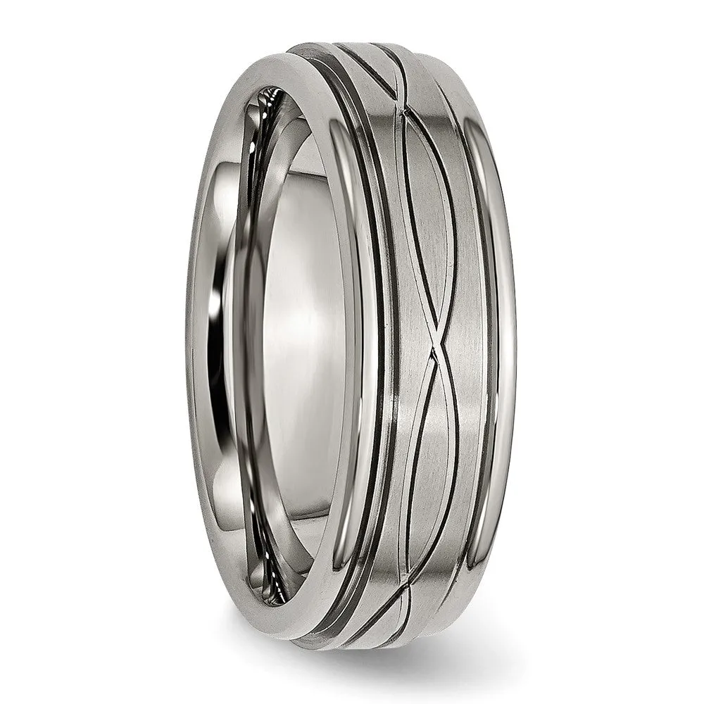 7mm Titanium Crisscross Design Grooved Edge Standard Fit Band