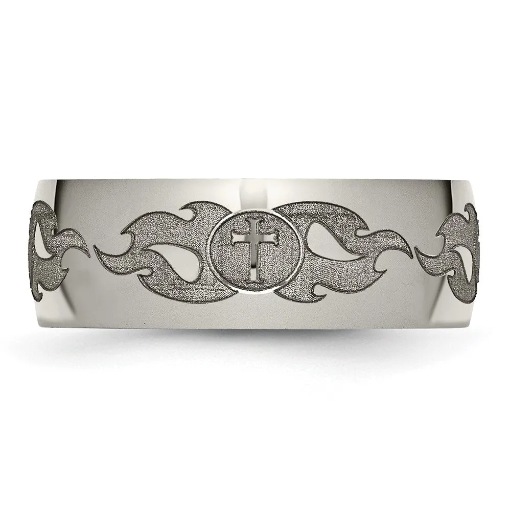 8mm Titanium Etched/Polished Cross & Flames Domed Standard Fit Band