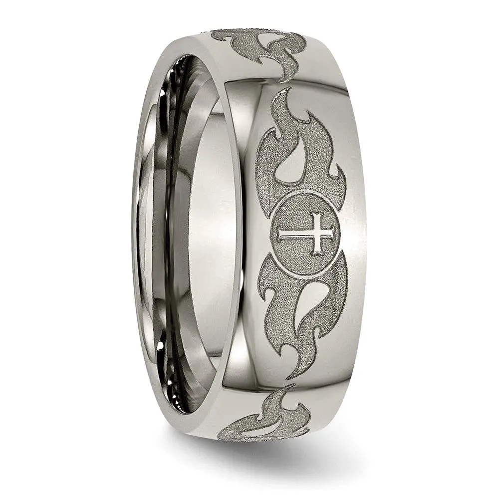 8mm Titanium Etched/Polished Cross & Flames Domed Standard Fit Band