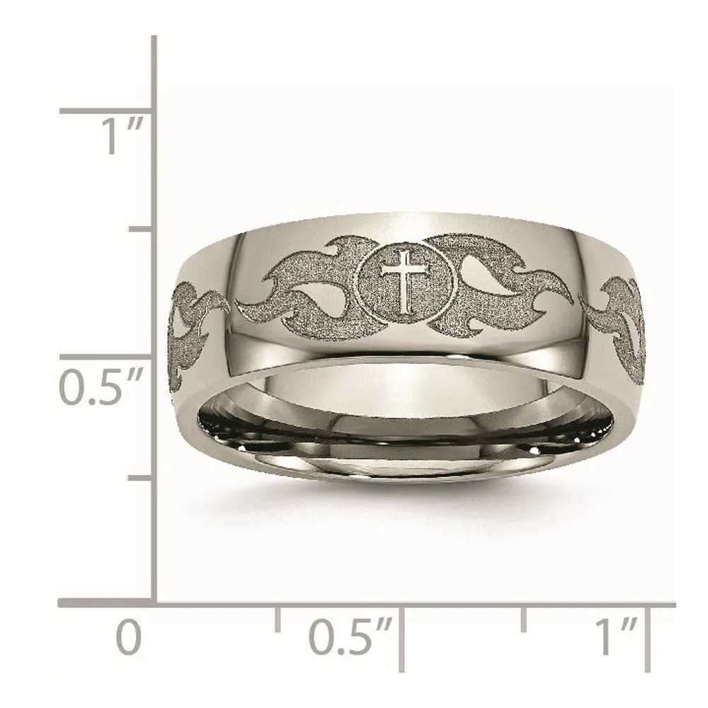 8mm Titanium Etched/Polished Cross & Flames Domed Standard Fit Band