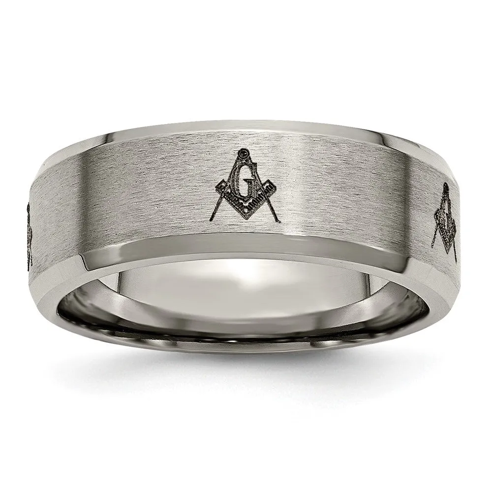 8mm Titanium Laser Etched Masonic Beveled Standard Fit Band