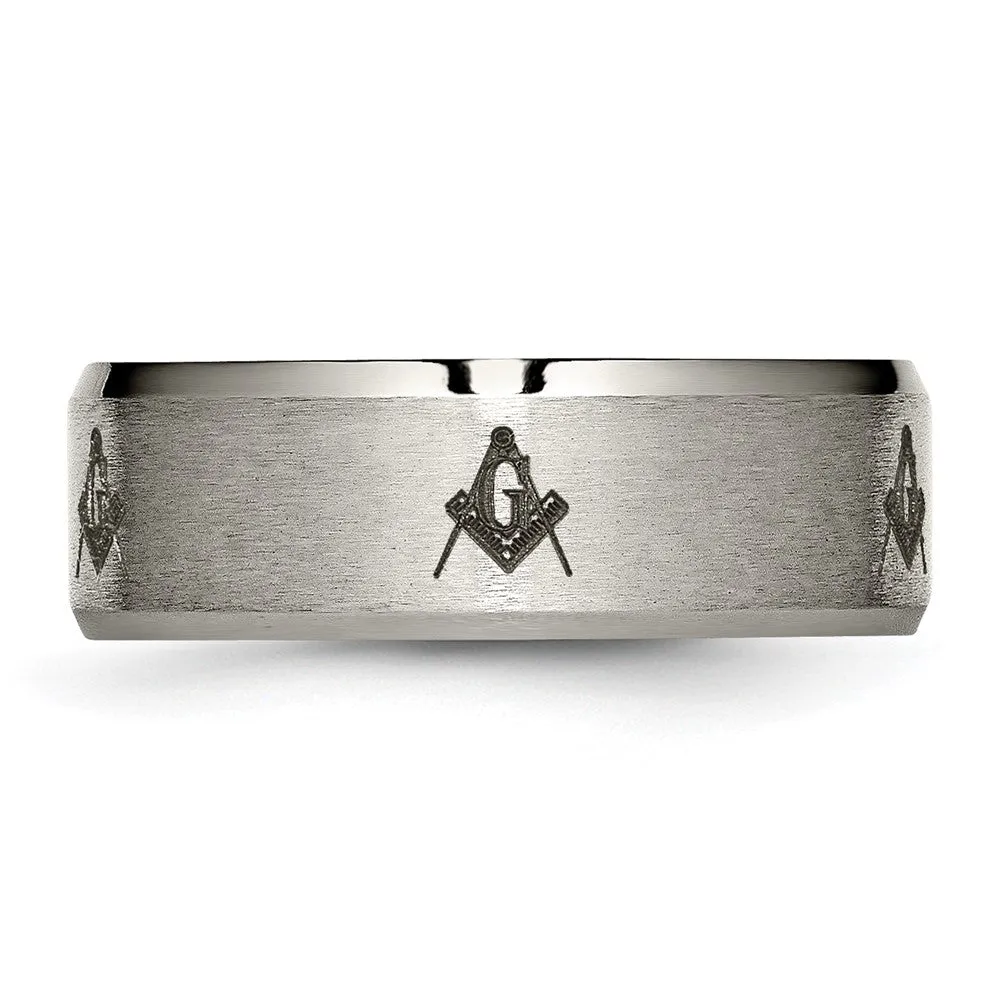 8mm Titanium Laser Etched Masonic Beveled Standard Fit Band