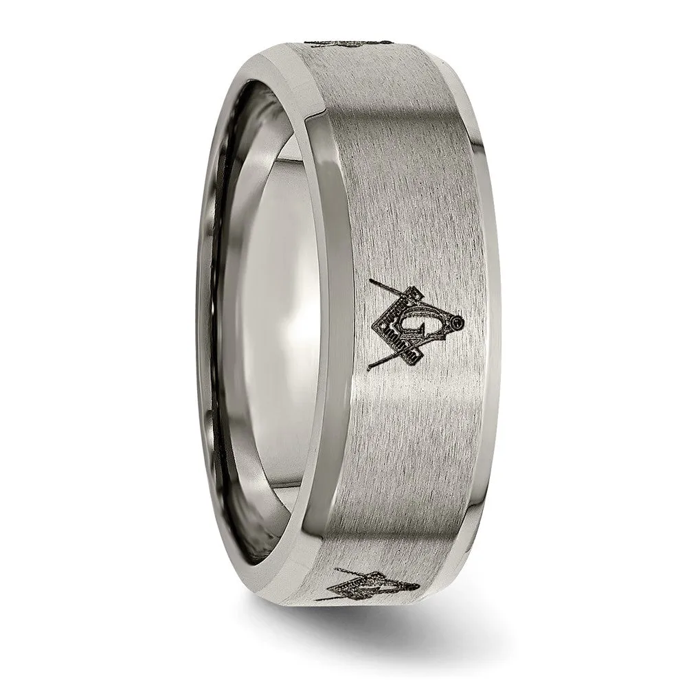 8mm Titanium Laser Etched Masonic Beveled Standard Fit Band