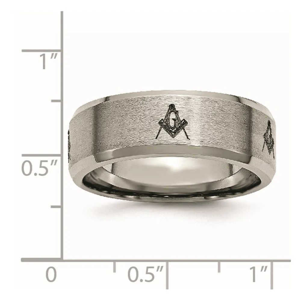 8mm Titanium Laser Etched Masonic Beveled Standard Fit Band