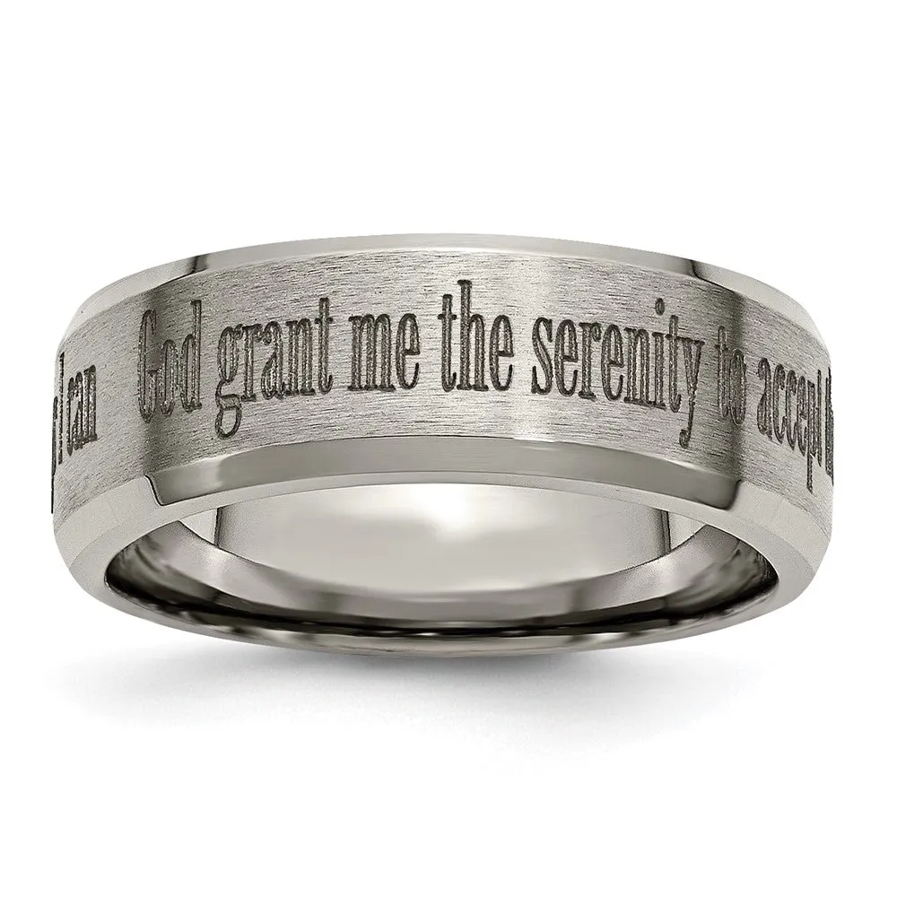 8mm Titanium Lasered Serenity Prayer Beveled Edge Standard Fit Band