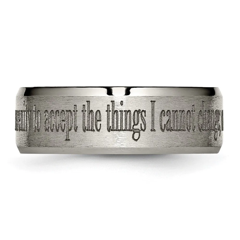 8mm Titanium Lasered Serenity Prayer Beveled Edge Standard Fit Band