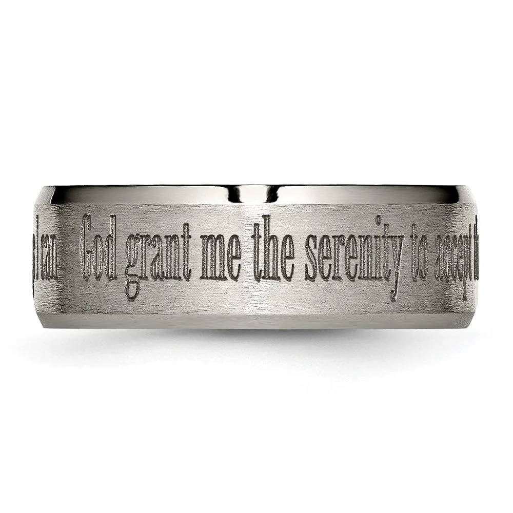 8mm Titanium Lasered Serenity Prayer Beveled Edge Standard Fit Band