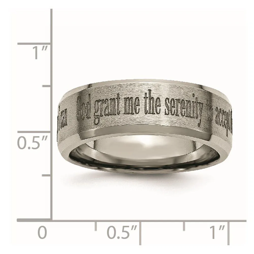 8mm Titanium Lasered Serenity Prayer Beveled Edge Standard Fit Band