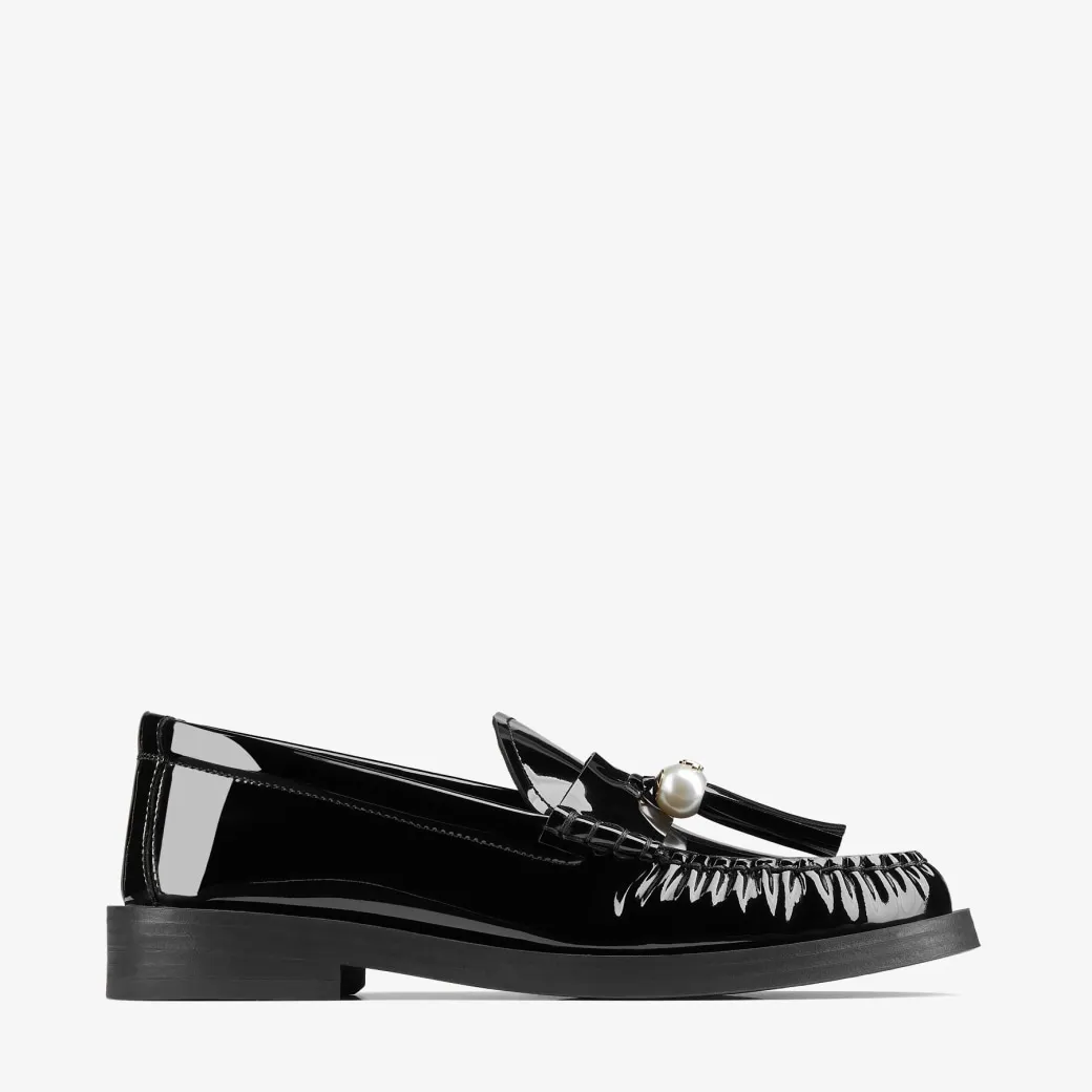 Addie Loafer Black Patent Leather Flat Loafers with Pearl Tassel