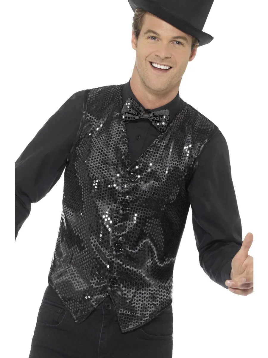 Adults Black Sequin Waistcoat Cabaret Showman Fancy Dress Costume Accessory