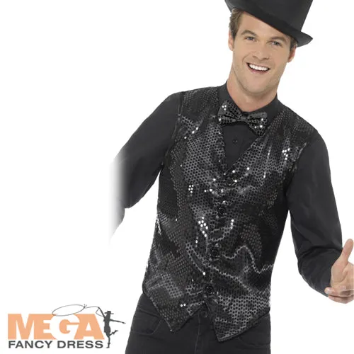 Adults Black Sequin Waistcoat Cabaret Showman Fancy Dress Costume Accessory