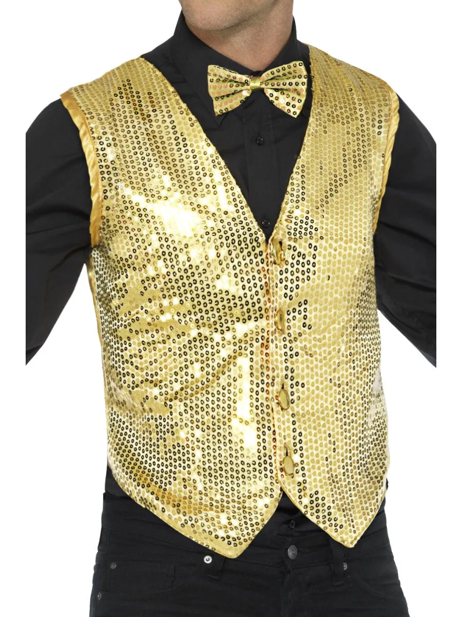 Adults Gold Sequin Waistcoat Cabaret Showtime Fancy Dress Costume Accessory