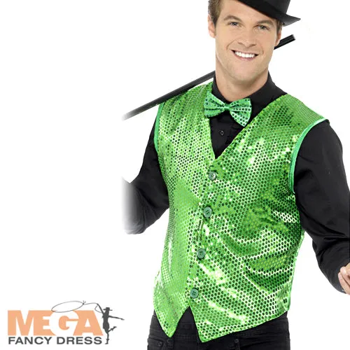 Adults Green Sequin Waistcoat Fancy Dress Cabaret Showtime Costume Accessory