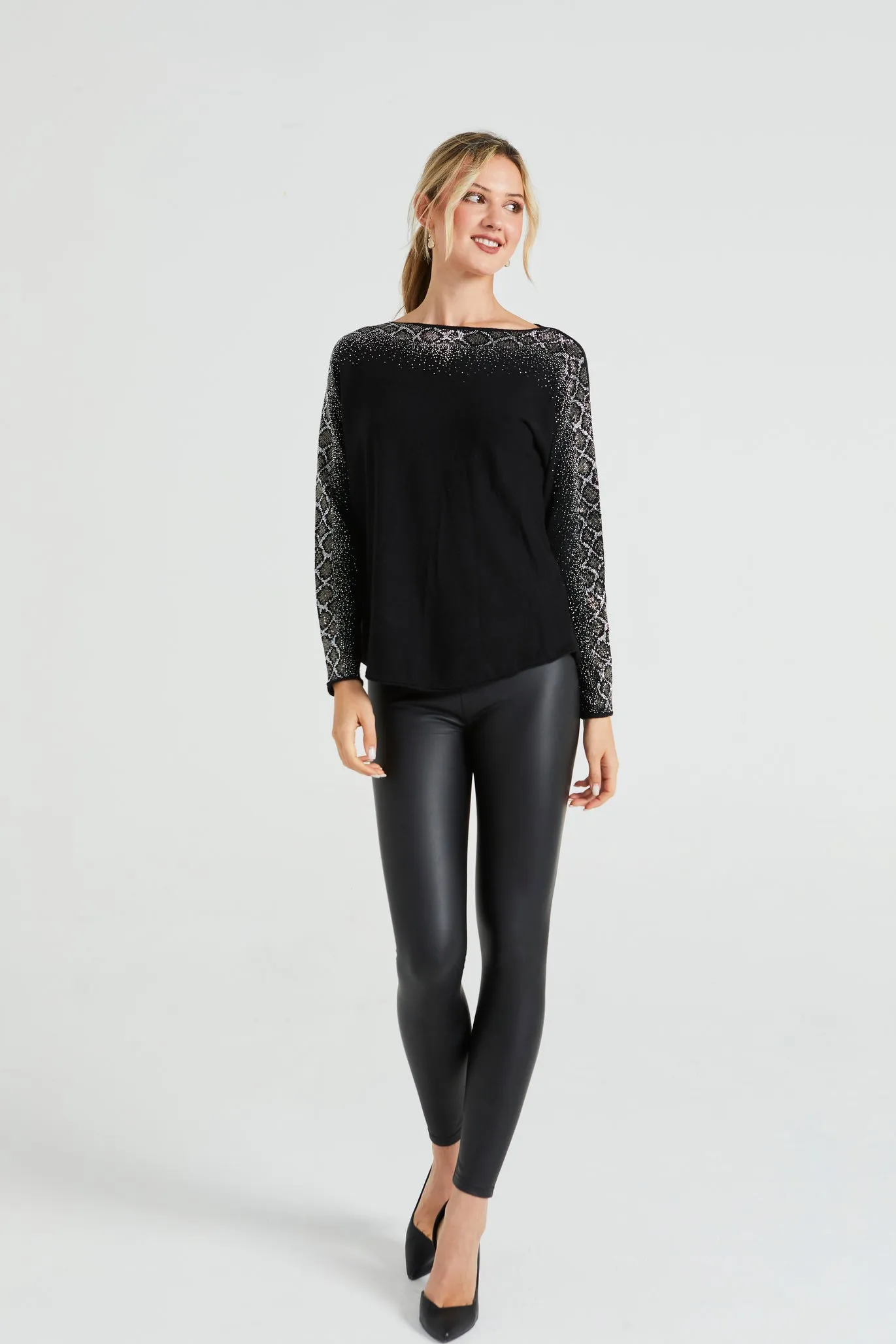 Angeleye Diamonte Neck & Sleeves Detail Jumper In Black