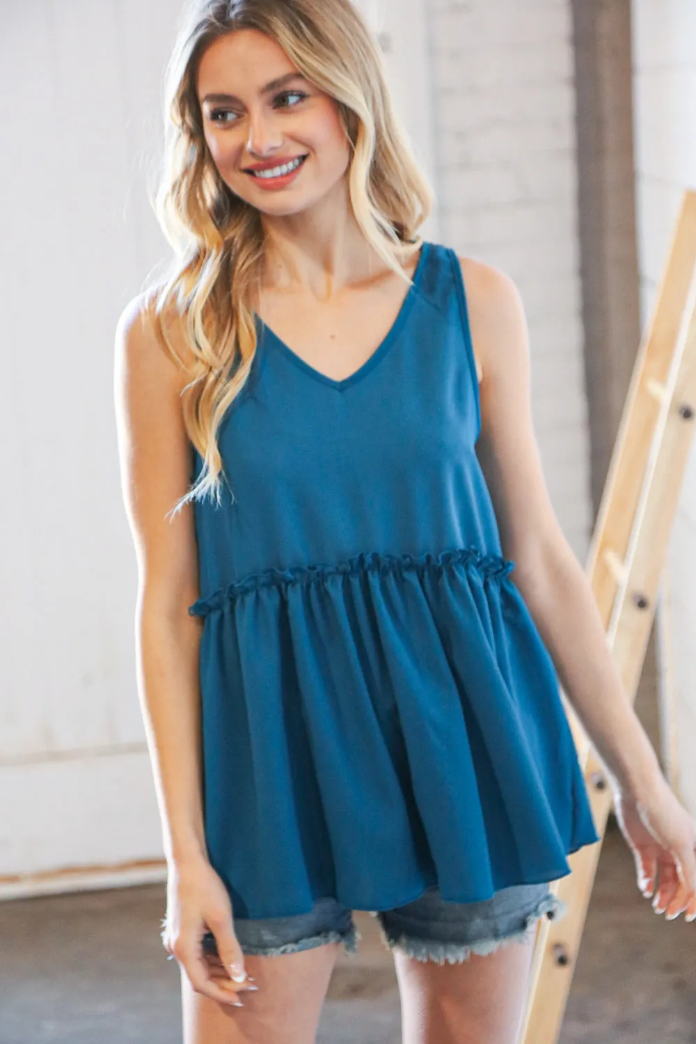 Azure Blue V Neck Sleeveless Ruffle Frill Tunic