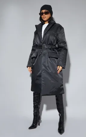 Black Nylon Padded Midi Coat