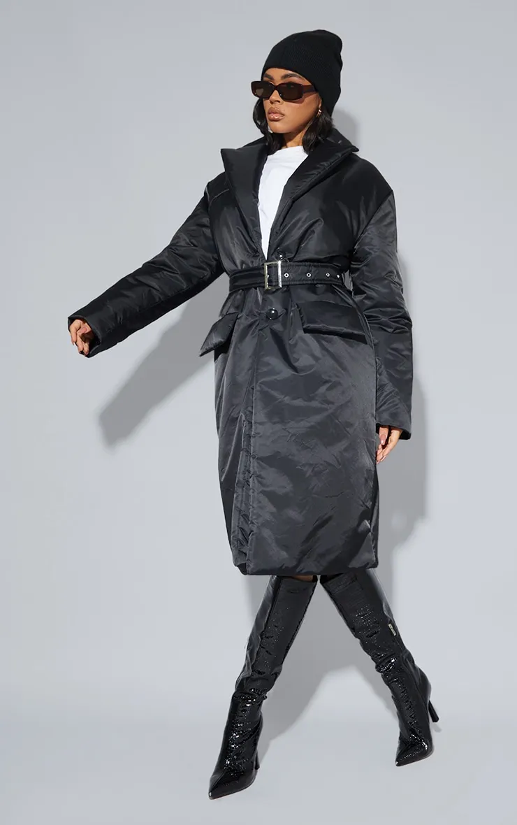 Black Nylon Padded Midi Coat