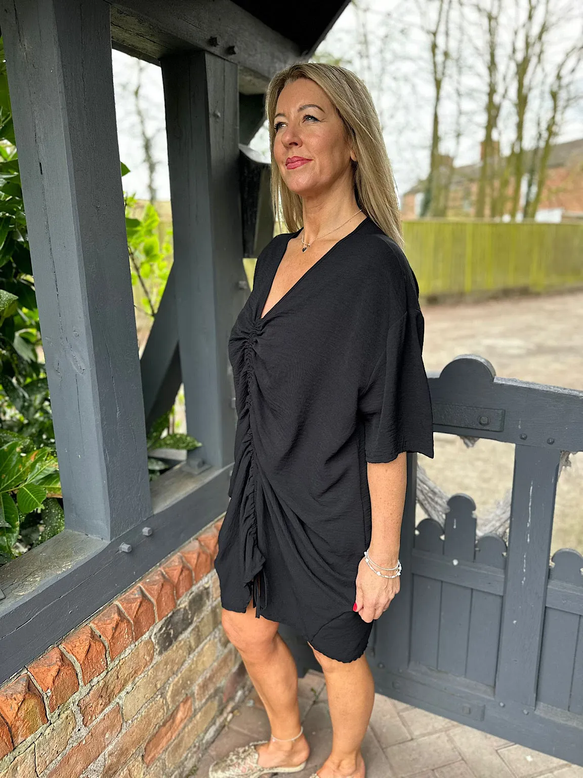 Black Ruched Drawstring Front Tunic Brooke