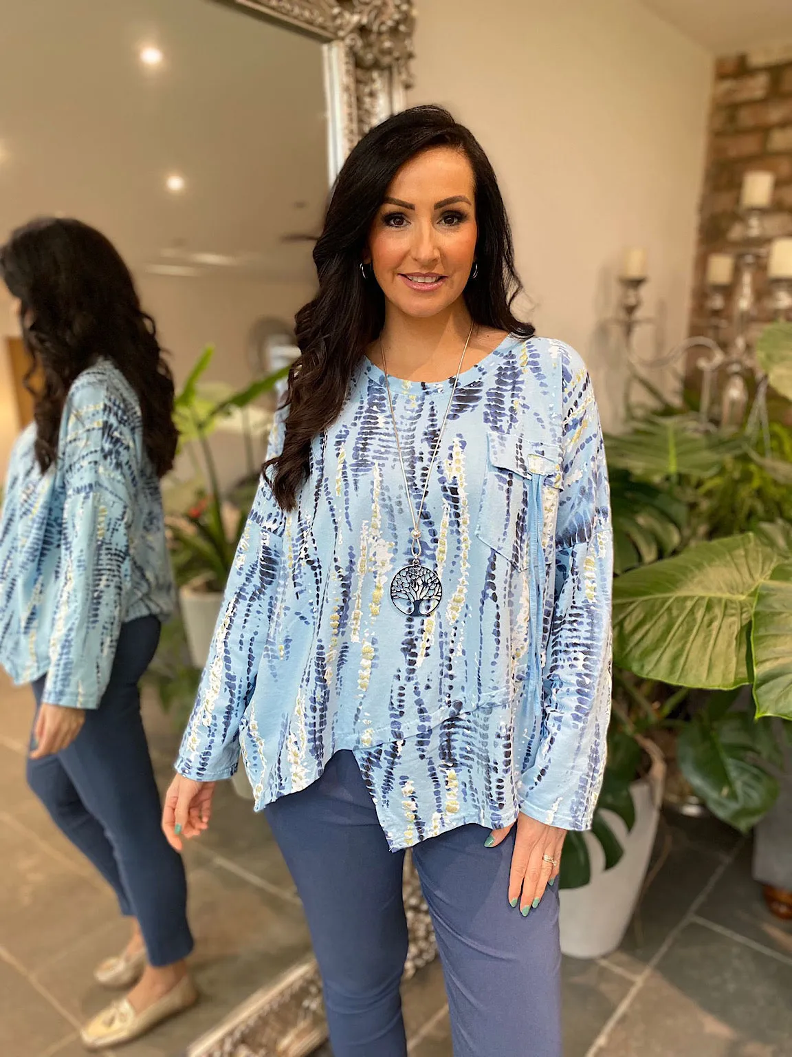 Blue Diagonal Detailed Printed Top Tori