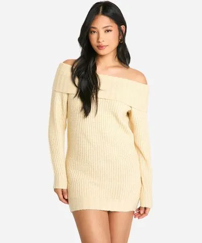 boohoo Womens Petite Wide Rib Off The Shoulder Neckline Mini Sweater Dress