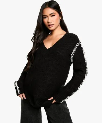 boohoo Womens Premium Contrast Trim V Neck Longline Sweater