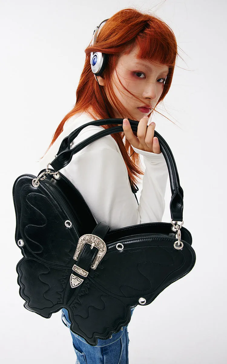 Butterfly Black Faux Leather Handbag