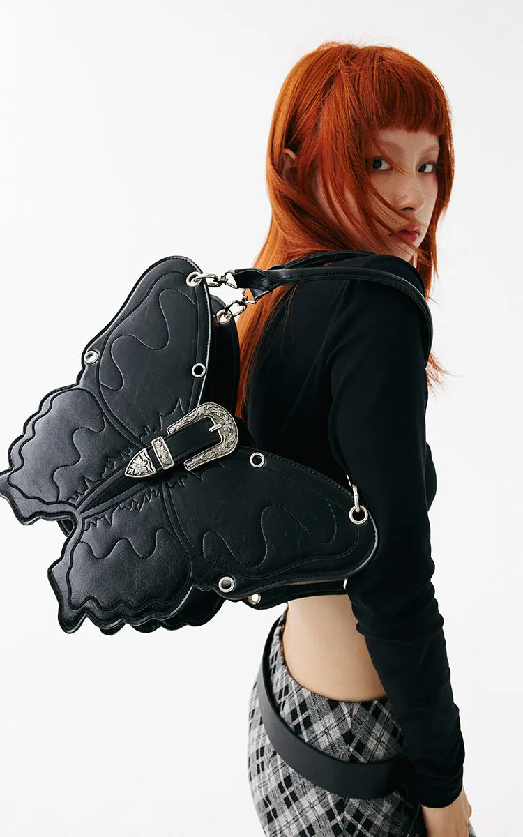 Butterfly Black Faux Leather Handbag