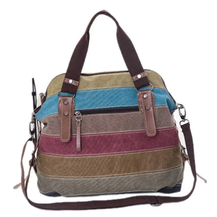 Canvas multicolour Striped Women Shoulder Bag Satchel Crossbody Tote Satchel Hbag Purse Messenger