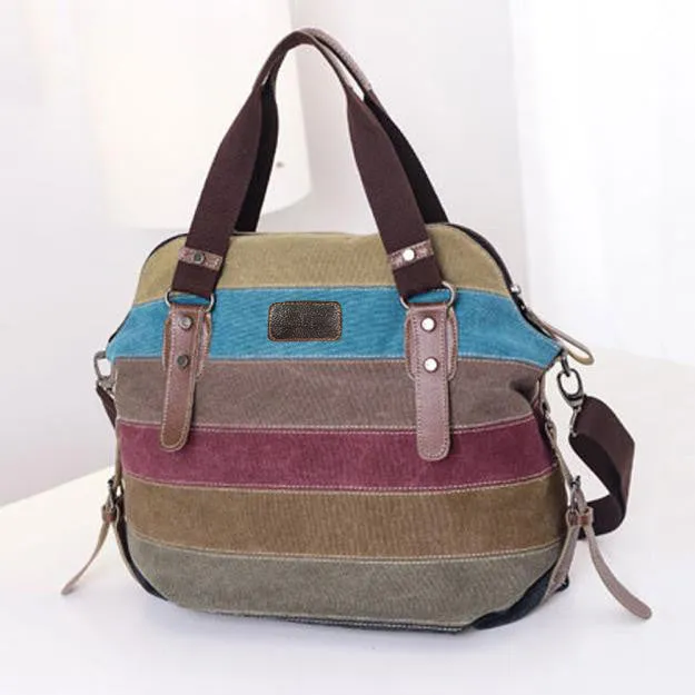 Canvas multicolour Striped Women Shoulder Bag Satchel Crossbody Tote Satchel Hbag Purse Messenger