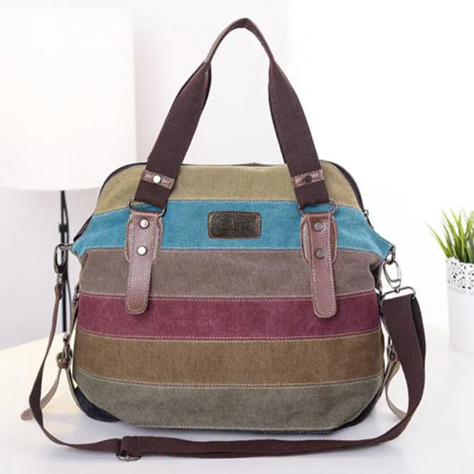 Canvas multicolour Striped Women Shoulder Bag Satchel Crossbody Tote Satchel Hbag Purse Messenger