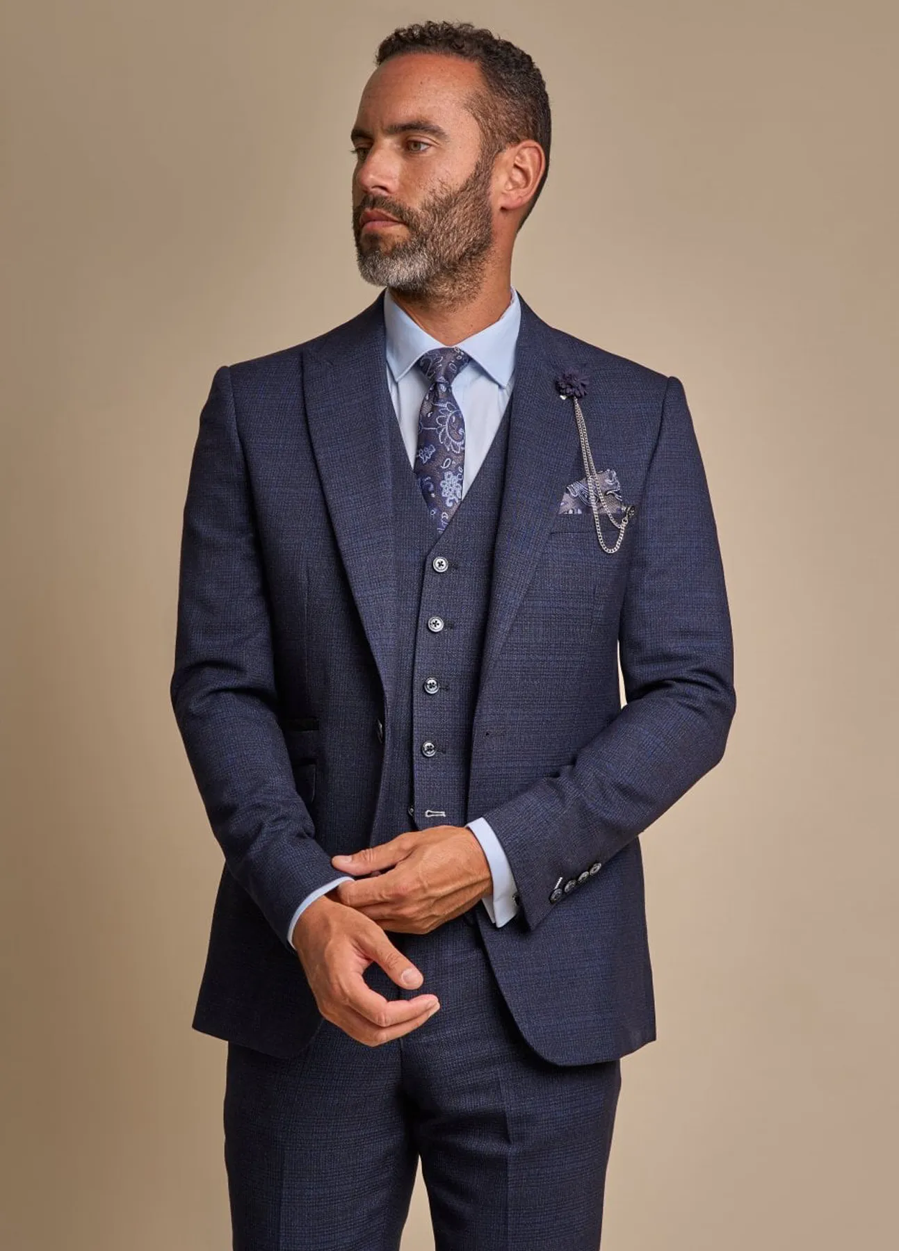 Cavani Caridi Navy Blue Check Slim Fit Blazer