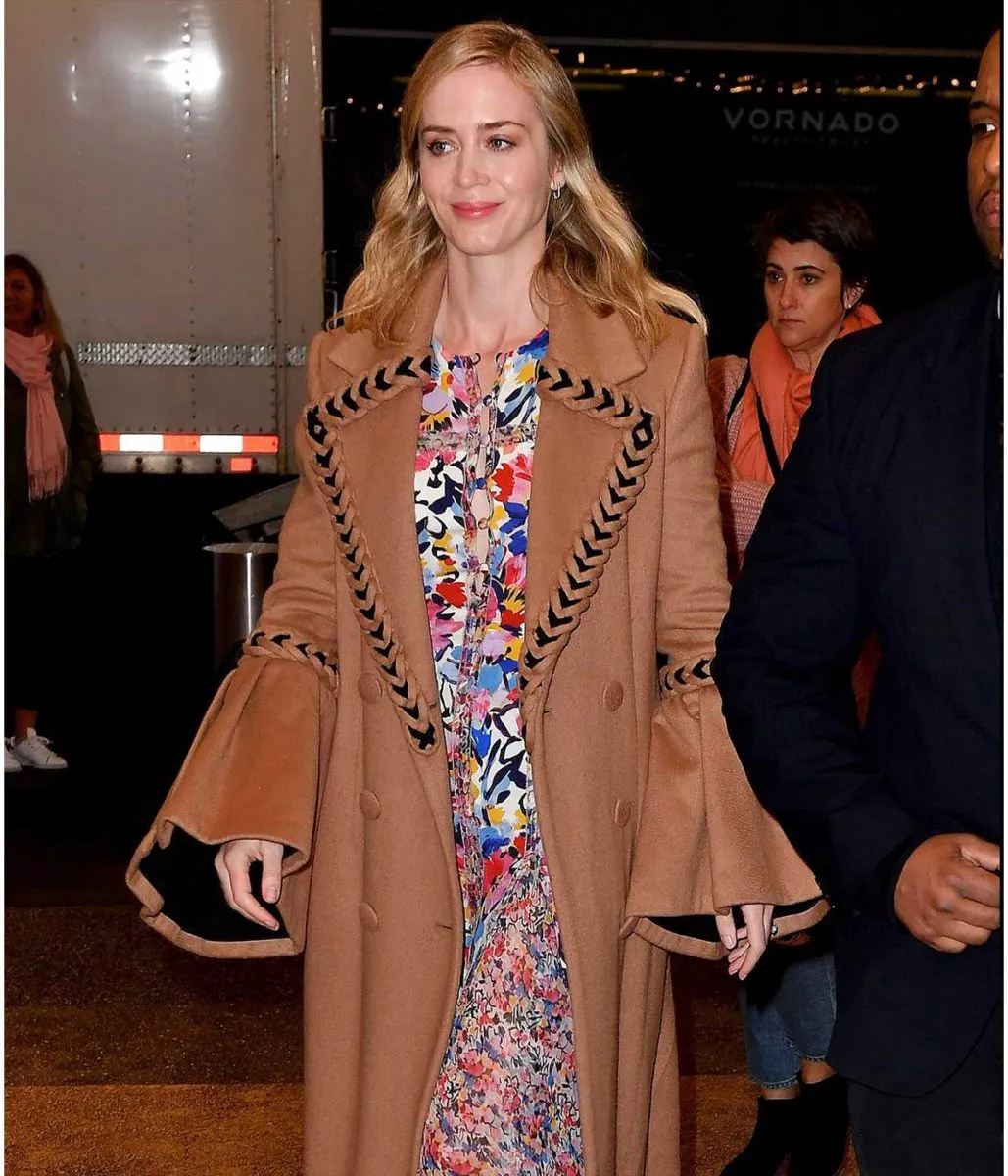 Emily Blunt Braided Wool Brown Coat