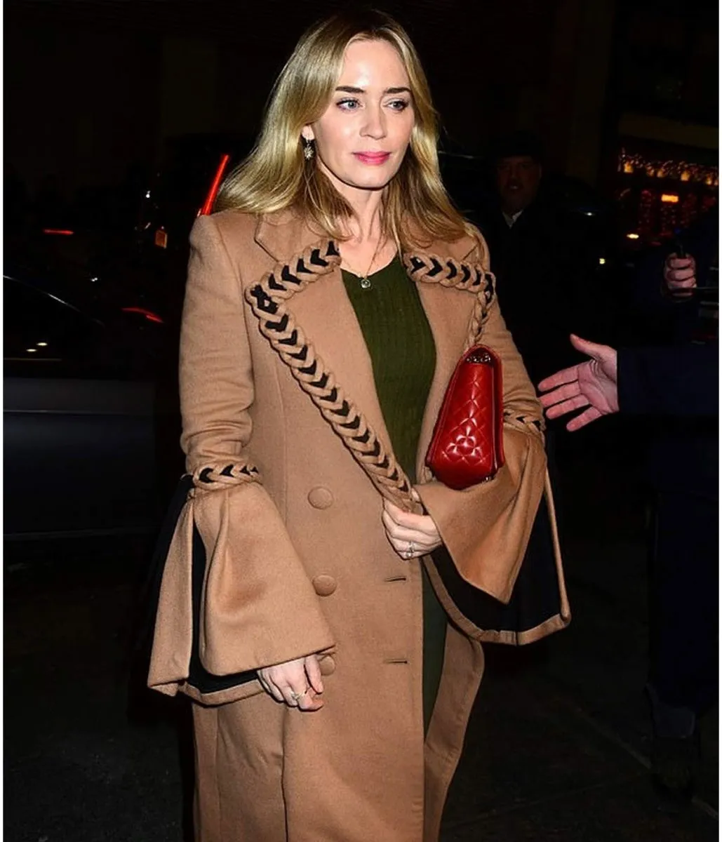 Emily Blunt Braided Wool Brown Coat