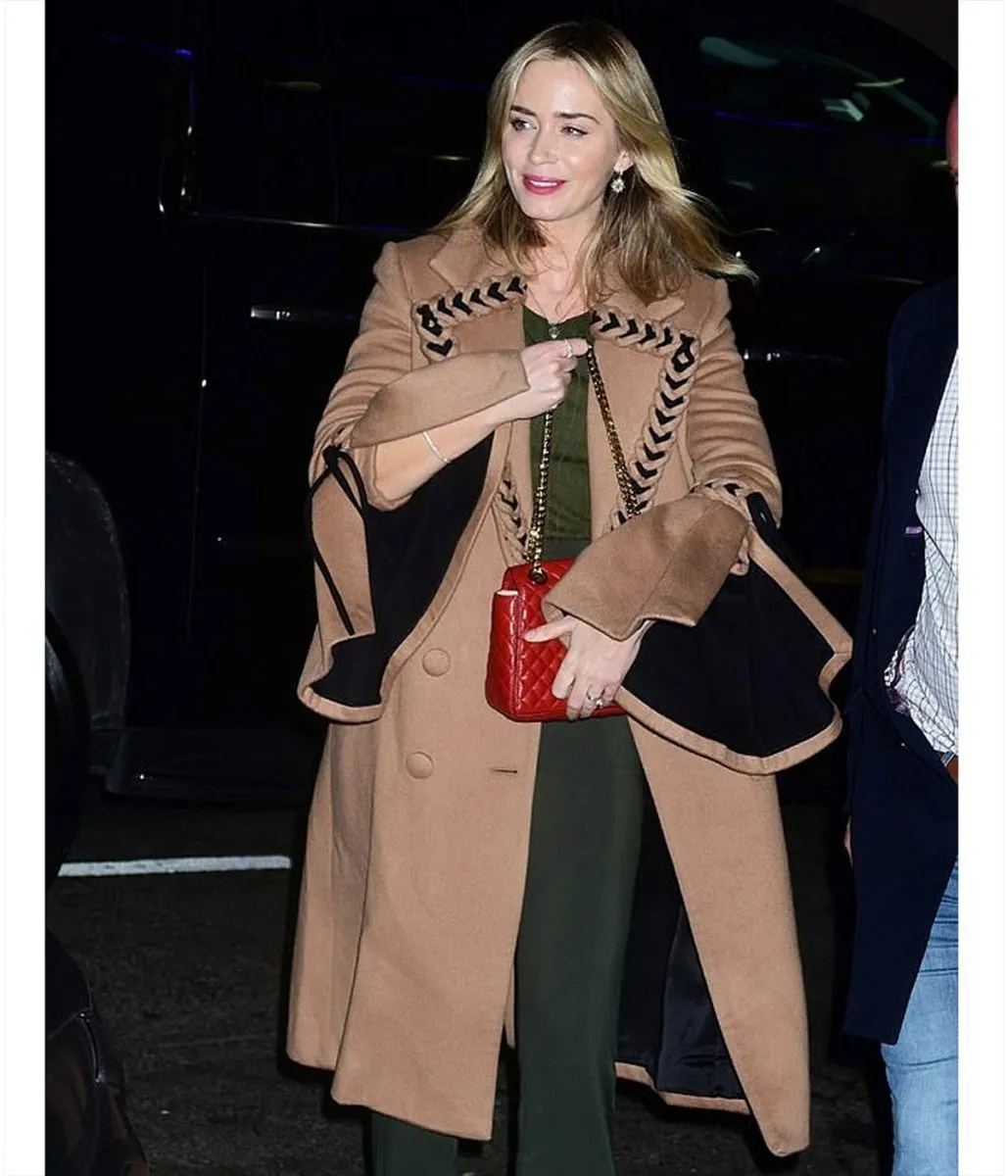 Emily Blunt Braided Wool Brown Coat