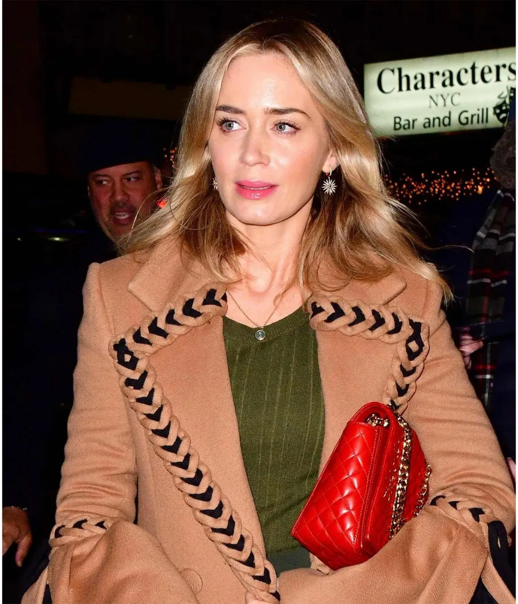 Emily Blunt Braided Wool Brown Coat