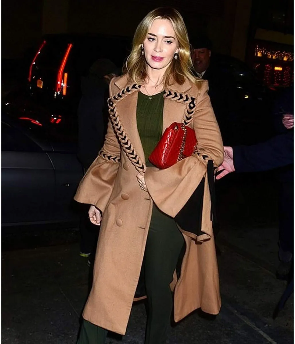 Emily Blunt Braided Wool Brown Coat