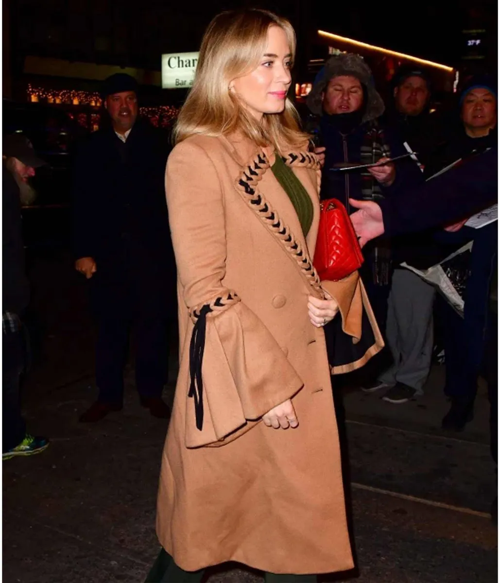 Emily Blunt Braided Wool Brown Coat