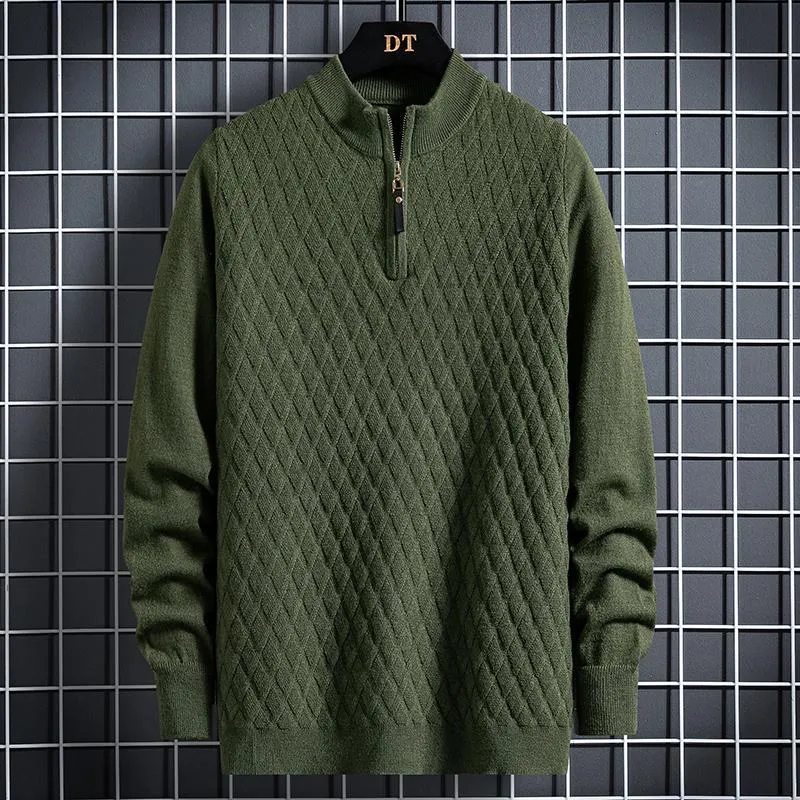 Fall Winter Men Half Zip Sweater Diamond Lattice Sweater