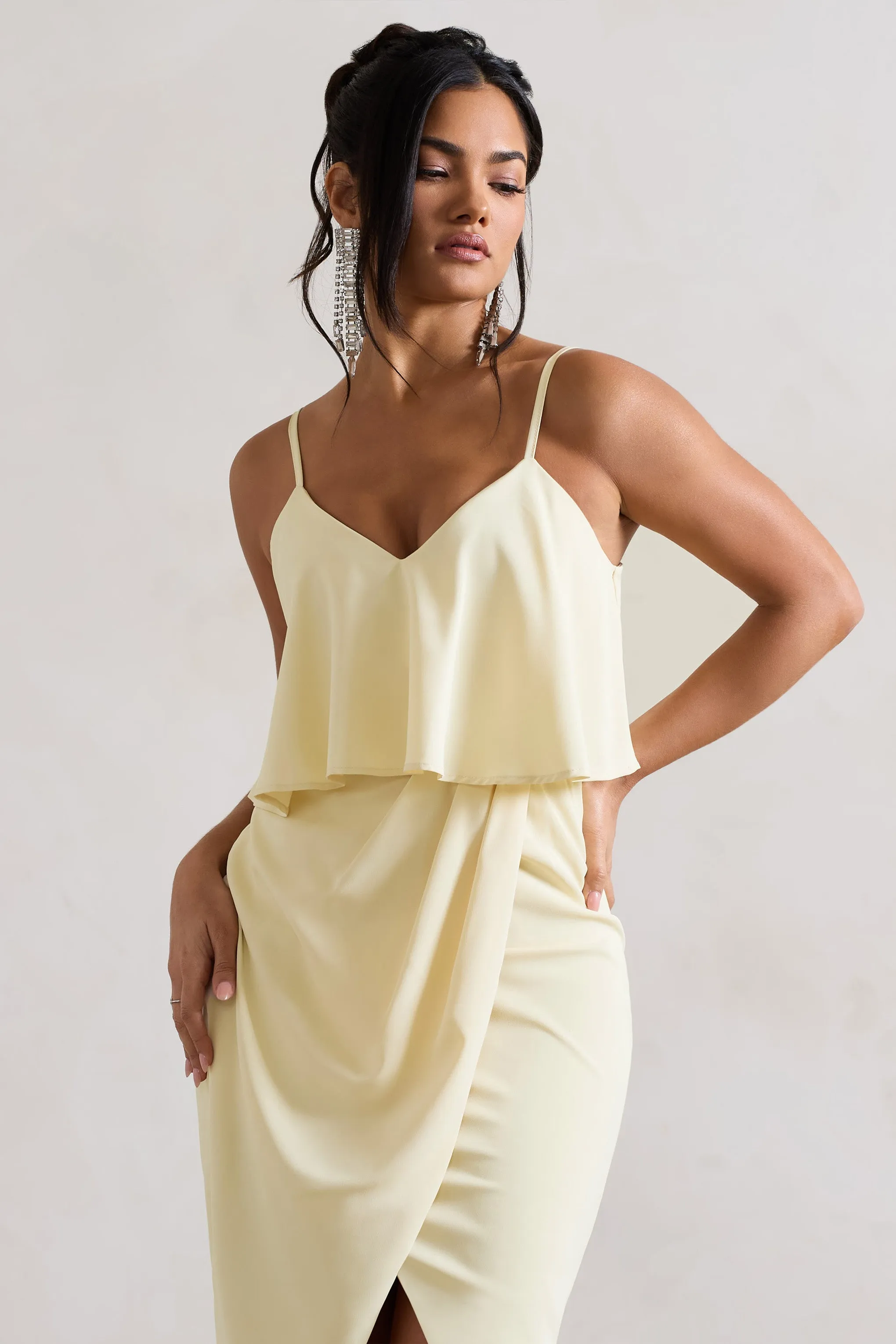 Faro | Lemon Strappy Draped-Neck Wrap Midi Dress