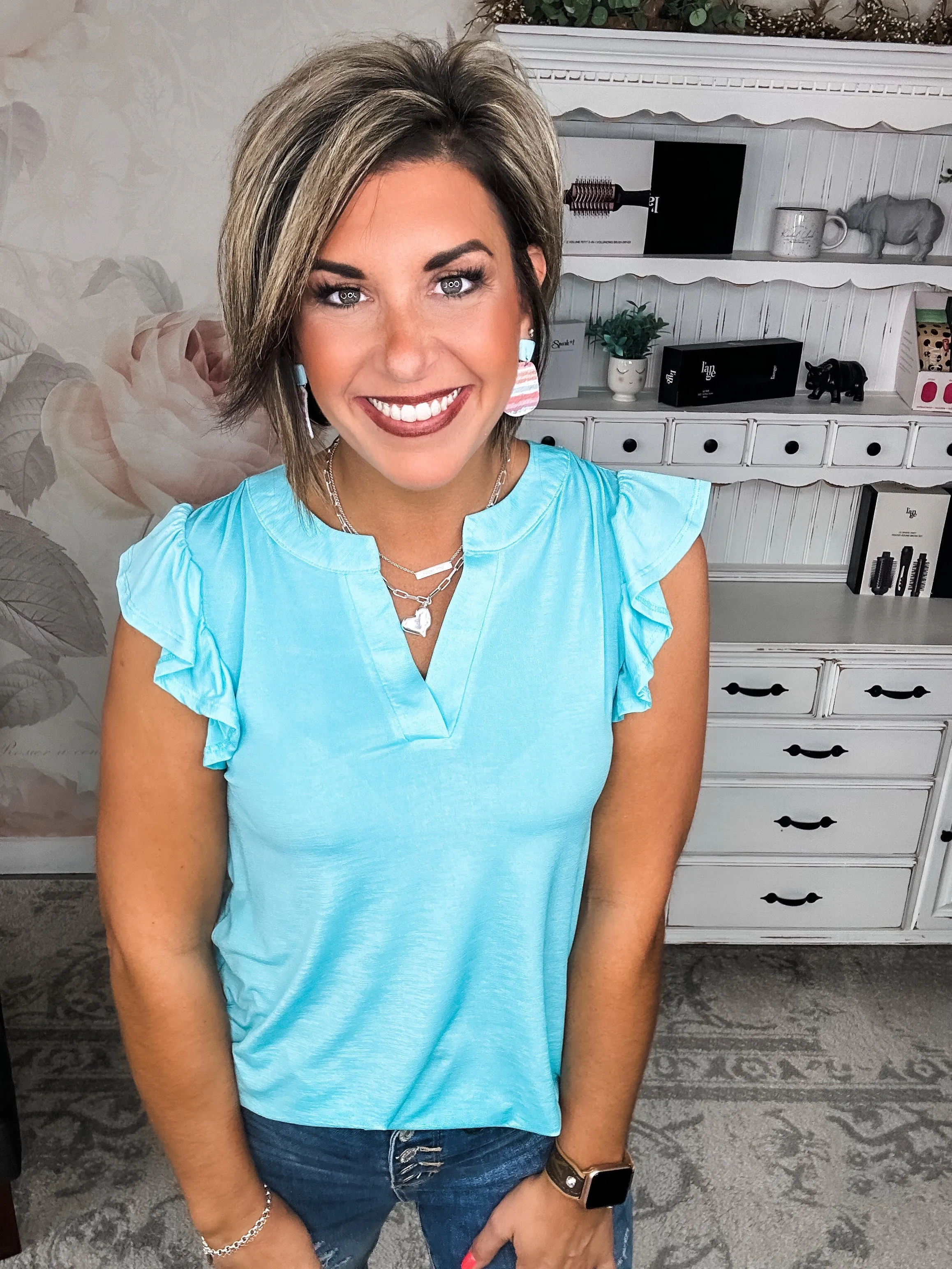 Figure It Out Ruffle Sleeve Top - Neon Blue