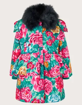 Floral Print Puffer Coat Green