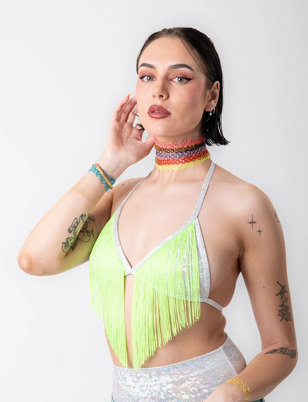 FRINGE BENEFITS TOP - PLAYA WHITE/NEON GREEN