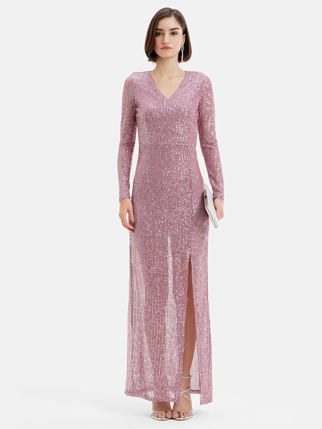 Full Sleeves Sequin Maxi Dress W Front Slit