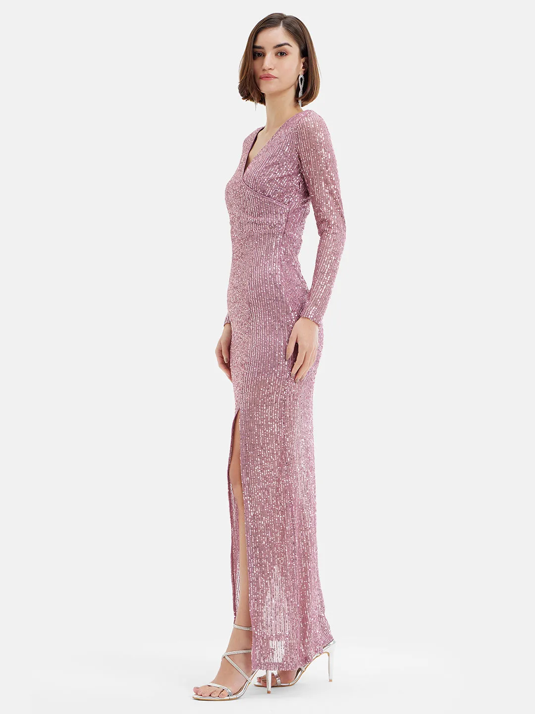 Full Sleeves Sequin Maxi Dress W Front Slit