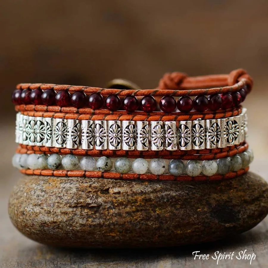 Handmade Garnet & Labradorite Bead Wrap Bracelet