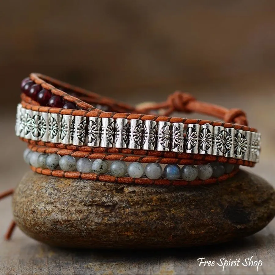 Handmade Garnet & Labradorite Bead Wrap Bracelet