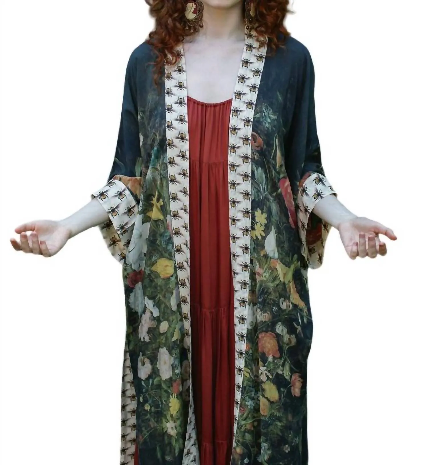 'i Dream In Flowers' Bamboo Duster Kimono Robe In Green Multi